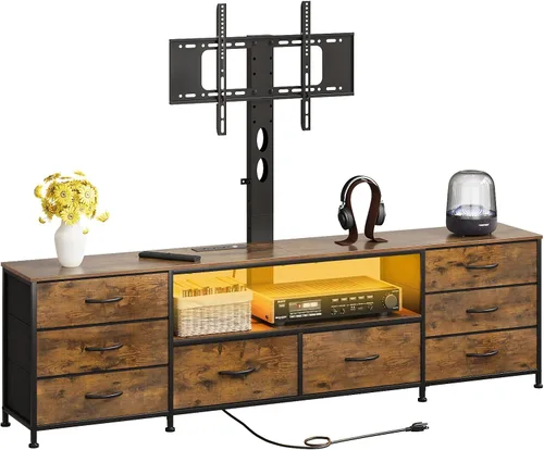 Miniatura 10 de Large TV Stand with Power Outlet and LED Lights, Entertainment Center with 8 Drawers and TV Mount, Rustic Wood Media Console Table with Storage for
