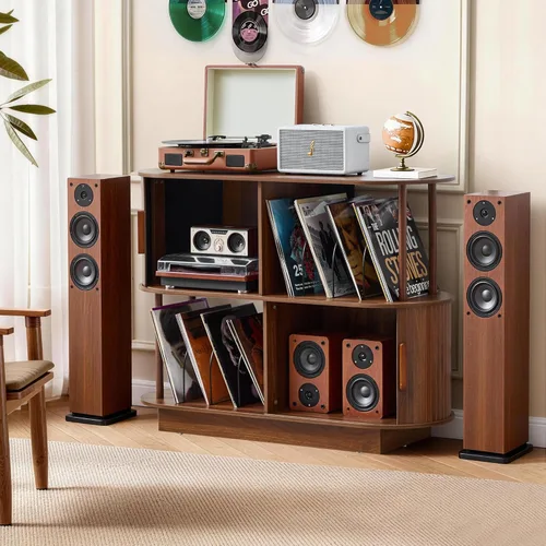 Miniatura 8 de Armario de almacenamiento para tocadiscos de vinilo de 40 pulgadas, mesa giratoria moderna de mediados de siglo con puerta corredera, estante