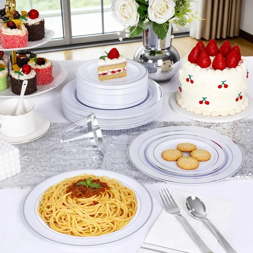 Miniatura 6 de GATHER 350 platos de plástico plateado, platos desechables blancos y plateados para 50 invitados, incluye 100 platos, 50 servilletas, 150 cubiertos