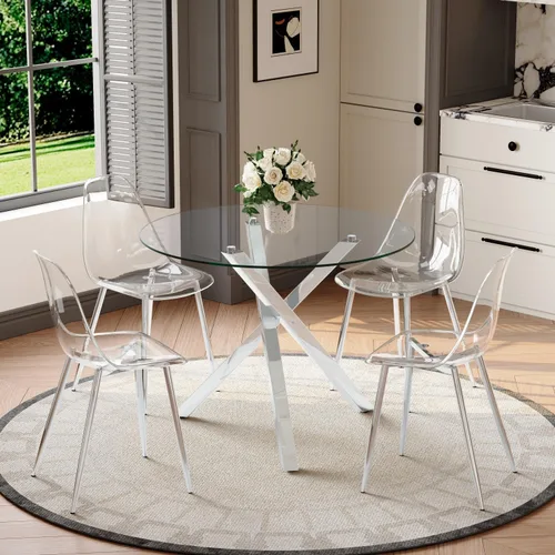 Miniatura 38 de Juego de mesa de comedor redonda para 6, juego de mesa de comedor de vidrio de 39 pulgadas con base de metal ajustable dorada en forma de X y 6