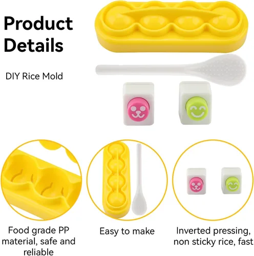 Miniatura 6 de Agatige Moldes de bolas de arroz, mini máquina portátil para hacer bolas de arroz, moldes de sushi con cuchara y cara sonriente, algas marinas Nori