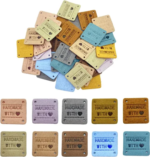 40 piezas de etiqueta de cuero PU de piel sintética hecha a mano con costura, etiqueta de piel sintética hecha a mano con relieve, adorno de crochet