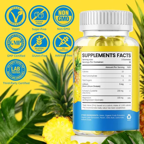 Miniatura 8 de Gomitas de orotato de litio de 5 mg, suplementos de litio de baja dosis con magnesio y NAC para aliviar el estado de ánimo y el estrés, suaves