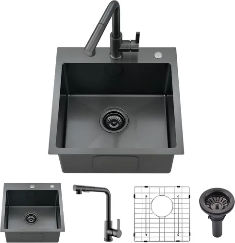 Miniatura 11 de Fregadero de barra empotrable de 15 pulgadas con combo de grifo Acero inoxidable dorado, tazón individual de montaje superior, diseño moderno