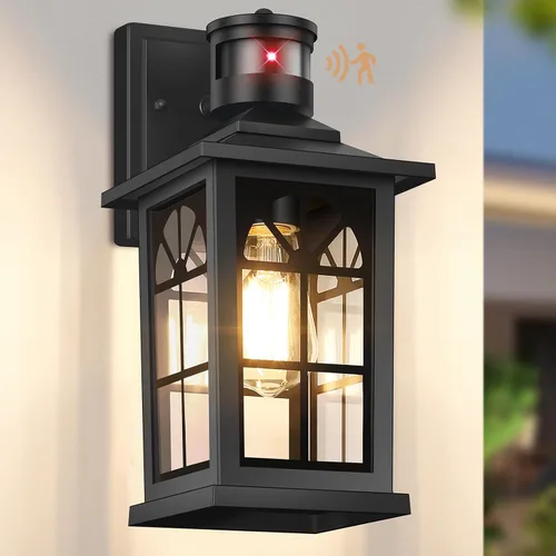 Lámpara exterior con sensor de movimiento, luz de porche del atardecer al amanecer, aplique de pared exterior tipo farol, accesorio de iluminación