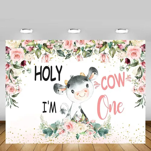 Miniatura 5 de MEHOFOND Telón de fondo de vaca sagrada con texto en inglés «Holy Cow I'm One» de 8 x 6 pies con diseño floral rosa de vaca niña feliz 1er