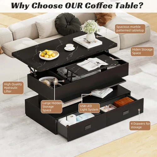 Miniatura 4 de Mesa de centro elevable de 40 pulgadas con luz LED, modernas mesas de centro grandes con almacenamiento y 4 cajones, mesa de centro de mesa