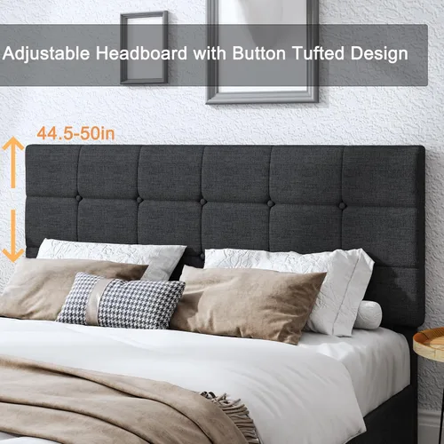Miniatura 5 de Moderna base de cama tapizada con 4 cajones de almacenamiento, cama de plataforma con cabecera capitonada con botones ajustables, soporte de Negro