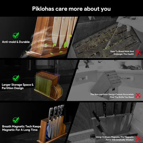 Miniatura 5 de Piklohas Juego de cuchillos para cocina con bloque, 17 piezas con soporte magnético para cuchillos, acero inoxidable alemán de alto carbono