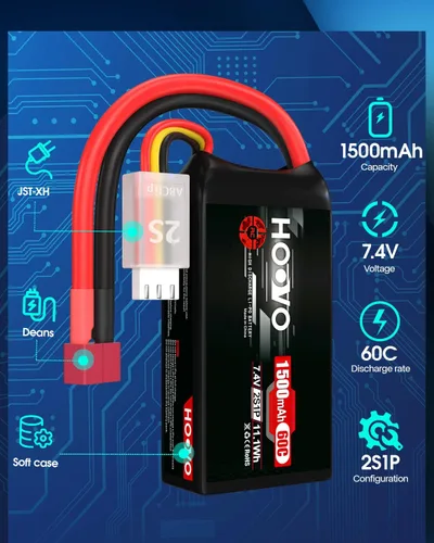 Miniatura 3 de HOOVO Paquete de batería Lipo RC 2S 7.4V 1500mAh 60C con conector T para RC Barco, Camión, Helicóptero RC, Avión, Quadcopter, UAV, Dron, FPV Racing