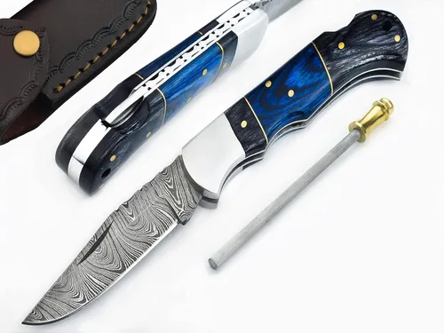 Miniatura 2 de Cuchillo de bolsillo de damasco Lara Eagle para hombres - Cuchillo plegable de caza de 133 capas de acero sólido hecho a mano con afilador y funda
