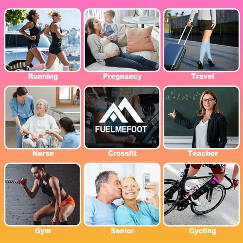 Miniatura 7 de FuelMeFoot 6 pares de calcetines de compresión para mujeres y hombres, 15-20 mmHg, soporte graduado hasta la rodilla, calcetines para enfermeras
