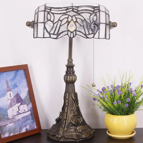 Miniatura 7 de Tiffany Banker - Lámpara de mesa pequeña con vitrales, estilo Tiffany, luz de piano, blanco, estilo curvado, lámpara de escritorio, ángulo