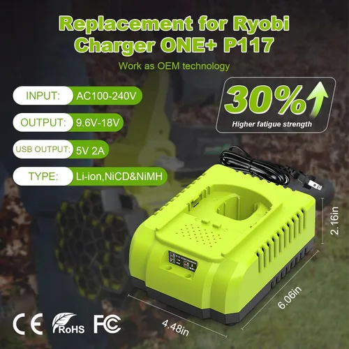 Miniatura 2 de Cargador rápido P117 de repuesto para cargador de batería Ryobi de 18 V, compatible con Ryobi 12V-18V ONE+ Litio, NiCad, NiMh y herramientas