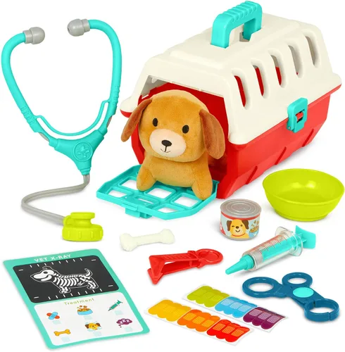 Battat – Mini kit de juego veterinario (11 piezas) – Perro de peluche y transportín – Pegatinas y lista de verificación – Estetoscopio de juguete y