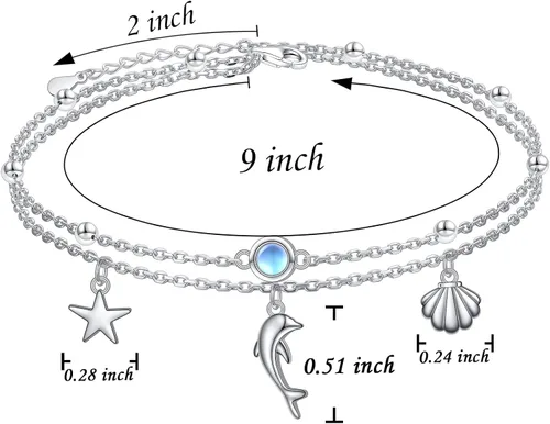 Miniatura 7 de FLYOW - Cadena para el tobillo para mujeres, plata Sterling S925, ajustable, con cuentas, diseño de corazón