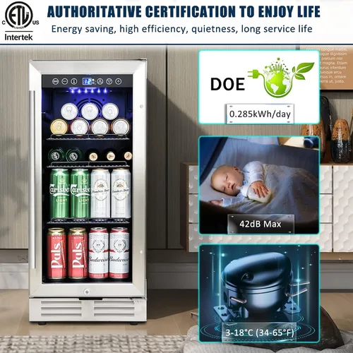 Miniatura 5 de IOCCIOBB Mini refrigerador de 15 pulgadas, gabinete de vino y bebidas, 120 latas, 34-65°F, silencioso, estantes ajustables, iluminación LED, ETL