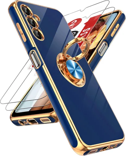 Miniatura 20 de LeYi Funda para Samsung Galaxy S22 Ultra con soporte de anillo giratorio de 360°, soporte magnético, chapado en oro rosa, borde protector para Negro
