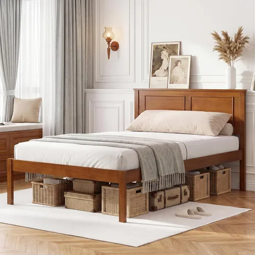 Miniatura 9 de Giantex Marco de cama de madera individual con cabecero, plataforma moderna de mediados de siglo con soporte de listones de madera, base de colchón