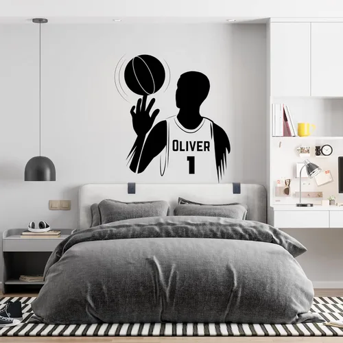 Calcomanías de pared personalizadas con nombre de baloncesto – Jugador con calcomanía de pelota – Decoración de habitación de niños y hombres –