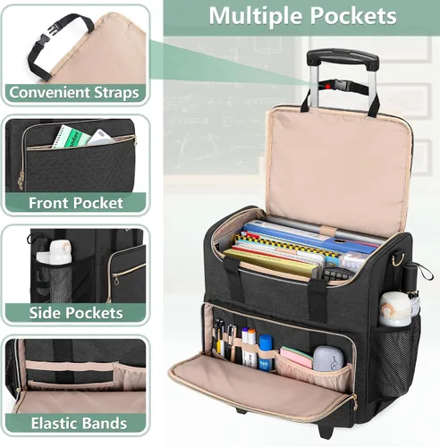 Miniatura 2 de LUXJA Bolsa rodante para profesores con compartimento para laptop y dolly desmontable, bolsa de mano rodante multifuncional para profesores