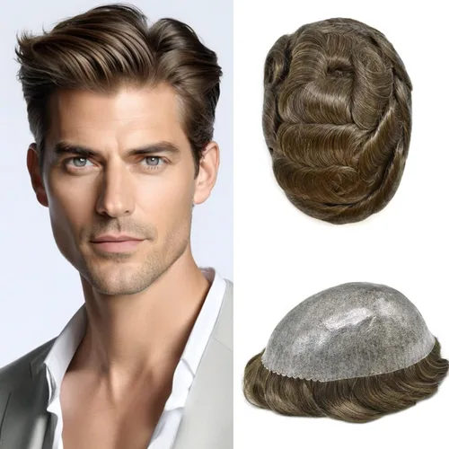 Miniatura 43 de Peluca completa de poliuretano para hombre, sistemas de reemplazo de cabello humano, piel fina y duradera, para hombre, prótesis de cabello