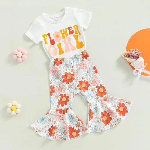 Miniatura 39 de Eadrioss Ropa para bebé niña pequeña, traje de campana de manga corta, camisa de flores para niños, pantalones florales acampanados, ropa de verano