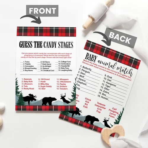 Miniatura 3 de Lumberjack Baby Shower Juego Bundle (25 invitados) Incluye Who Knows Mommy Best, Word Scramble, Animal Matching, Candy Guessing – Oso rústico, alces
