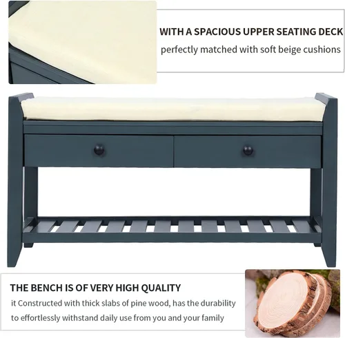 Miniatura 7 de Knocbel Banco de almacenamiento de entrada para zapatos con asiento acolchado, 2 cajones y estante de rejillas, sala de estar, entrada, pasillo
