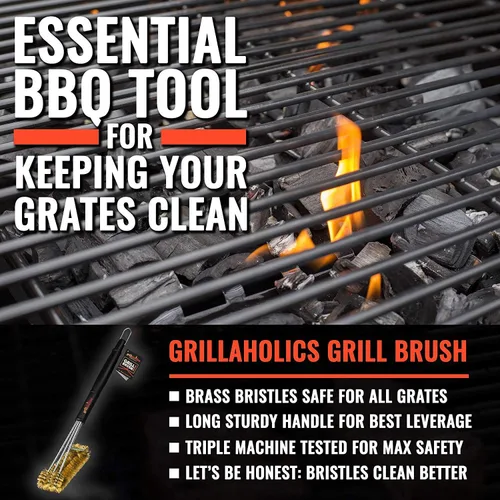 Miniatura 2 de Cepillo de parrilla de latón Grillaholics – Cepillo de barbacoa seguro para cocinar al aire libre – Herramienta de limpieza de parrilla de cerdas