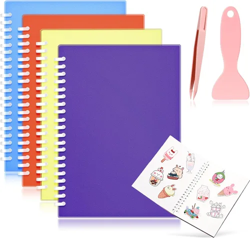 Miniatura 7 de Álbum de 4 piezas de calcomanías para coleccionar libros, reutilizables, con una espátula de plástico y pinzas, tamaño A5, 8.3 x 5.8 pulgadas