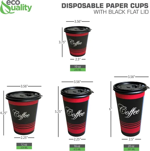 Miniatura 4 de EcoQuality Tazas de café de papel desechables de 12 onzas con tapas planas negras, vasos de papel reciclables para bebidas calientes/frías con tapas