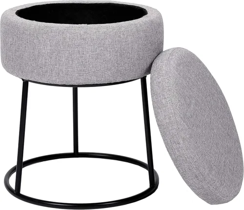 BIRDROCK HOME Taburete otomano de almacenamiento de lino gris con base de patas de metal negro, reposapiés acolchado suave y compacto, reposapiés