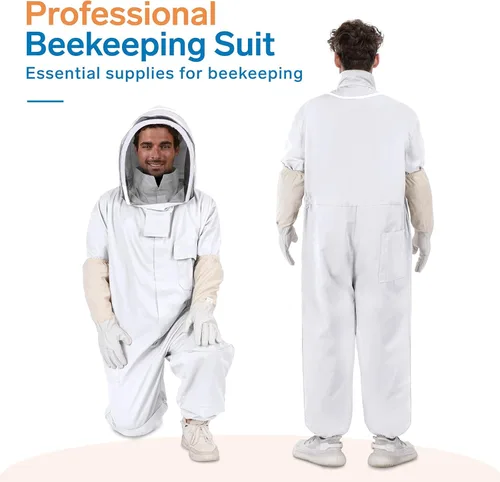 Miniatura 3 de Trajes de abeja para hombres y mujeres, a prueba de picaduras, traje de apicultura con guantes de apicultura y capucha de velo (blanco)