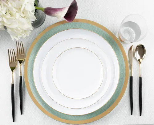 Miniatura 7 de [30 unidades de 6.3 pulgadas] Platos de fiesta de plástico blanco con borde dorado Colección Premium pesado elegante vajilla desechable Color blanco