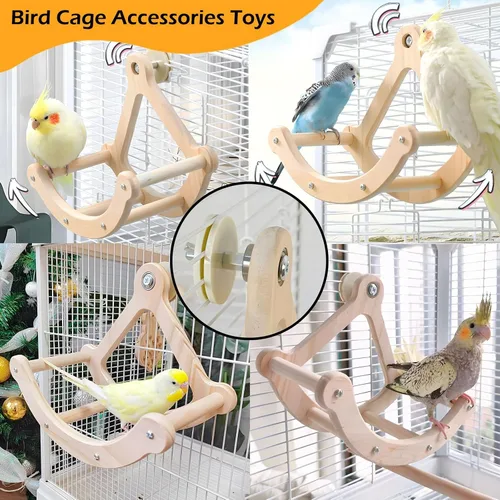 Miniatura 4 de Percha de juguete para pájaros, juguetes y perchas de periquitos con balanceo interactivo, rueda de ejercicio de madera para cacatúas, juguete