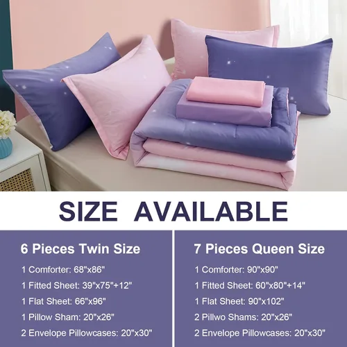 Miniatura 51 de Dinjoy Juego de edredón para niñas, tamaño individual, colorido, azul, rosa, morado, arcoíris, juego de ropa de cama de 6 piezas en una bolsa