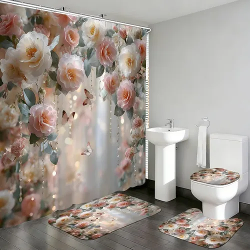 Miniatura 8 de DDQQ Juego de cortinas de ducha florales azules y blancas con flores dulces pintadas con alfombras, juego de cortina de ducha de baño de primavera