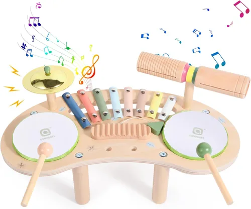 Asweets Juego de batería 7 en 1 para niños pequeños, xilófono de madera, kit de instrumentos musicales, juego para niños pequeños, juego de batería