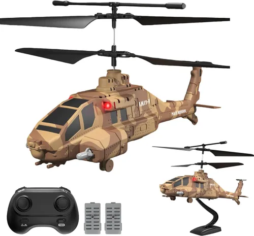 Helicóptero RC con misiles, helicóptero militar de control remoto de 2.4 GHz para niños, helicóptero militar, luces LED, retención de altitud, Marrón