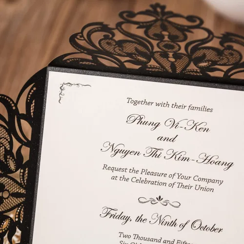 Miniatura 6 de Hosmsua 50 tarjetas de invitación de boda negras cortadas con láser con sobres, invitaciones de rosa hueca de 6.3 x 6.3 pulgadas para boda