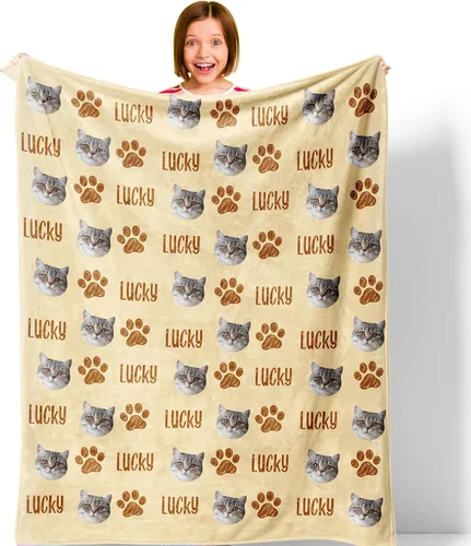Manta personalizada con cara de gato y nombre de forro polar suave, divertida manta de fotos de varios tamaños, mantas personalizadas para sofá,