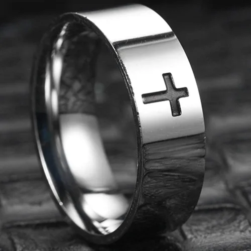 Miniatura 4 de Jude Jewelers Anillo de boda religioso de acero inoxidable de 0.315in con cruz cristiana simple, Metal, Zirconia cúbica