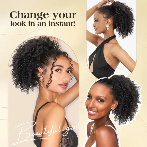 Miniatura 8 de Cola de caballo de cabello humano con cordón para mujeres negras, extensión de cabello humano rizado 4C, 8 pulgadas, aspecto natural, añade volumen