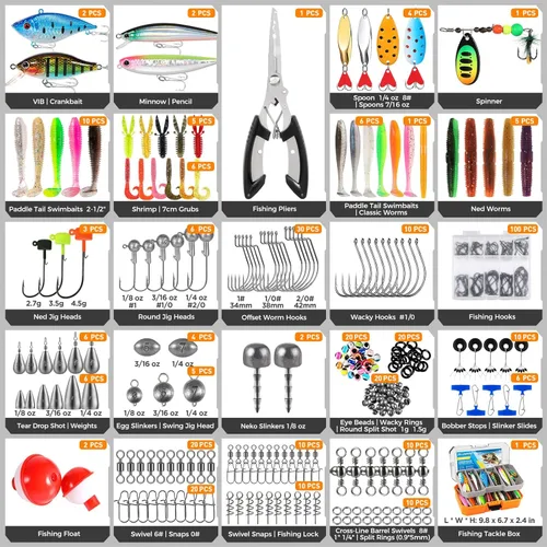 Miniatura 6 de PLUSINNO Caja de aparejos de pesca con aparejos incluidos, kit de señuelos de pesca de 373 piezas con bandeja extraíble, equipo de pesca con Caja