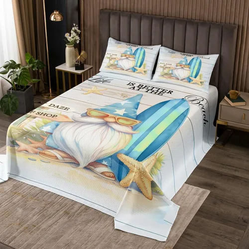 Manfei Colcha de verano para niños y niñas, tamaño individual, lindo juego de colcha de tabla de surf de gnomo de 2 piezas para decoración de