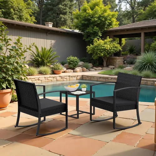 Miniatura 7 de Homall - Juego de muebles de patio de 3 piezas de resina para uso en exteriores - Juego de bistró con sillas de columpio acolchadas y mesa para Negro