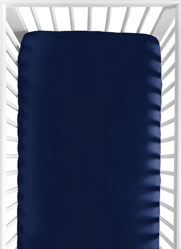 Sweet Jojo Designs Sábana bajera ajustable para cuna para bebé o niño pequeño, color azul marino sólido para colección deportiva de parche de béisbol