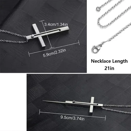 Miniatura 4 de Collar de cruz de defensa personal, cadena de 21 pulgadas, herramienta de protección oculta de acero inoxidable con bloqueo de seguridad, Acero