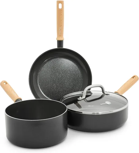 GreenPan Hudson Healthy Ceramic - Juego de 4 ollas y sartenes antiadherentes, mango inspirado en madera vintage, sin PFAS, apto para lavavajillas,